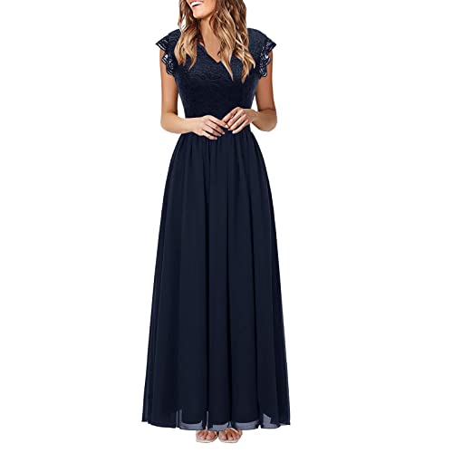 BOTCAM Damen Spitzenkleid Brautjungfer Elegant Party Langes Cocktailkleid Chiffon V-Ausschnitt ärmellos Maxikleid...