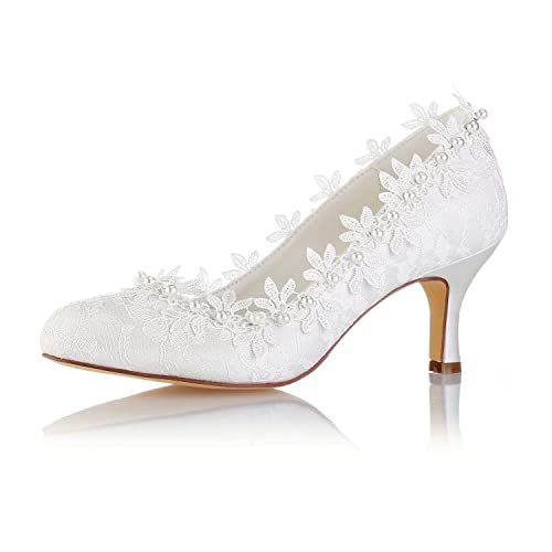Emily Bridal Vintage Hochzeit Schuhe Elfenbein Round Toe Perlen Blumen Kitten Heel Brautschuhe (EU39, Elfenbein)