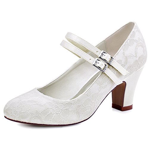 Elegantpark HC1701 Mary Jane Block Absatz Pumps Geschlossene Zehen Lace Satin Brautschuhe Ivory Gr.39