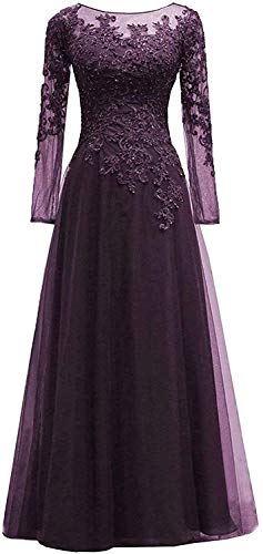 HUINI Abendkleider Spitze Ballkleider Lang A-Linie Brautjungfernkleider Brautkleid Vintage Festkleid Langarm Traube 50