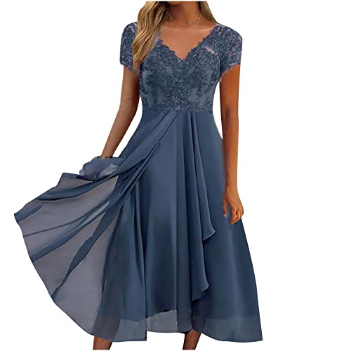 Sommerkleid Damen Knielang Einfarbig Cocktailkleid Chiffon Kleid Sexy V-Ausschnitt Partykleid mit Spizen Kurzarm...